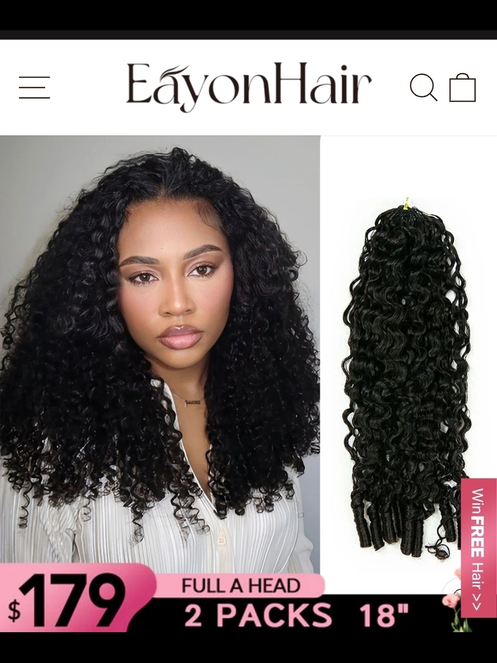 18" Black Curly Hair Extensions - 2 Pack